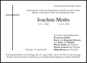 Todesanzeige von Joachim Moths von MERKUR & TZ