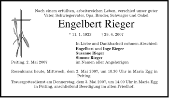 Todesanzeige von Engelbert Rieger von MERKUR & TZ