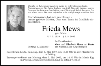 Todesanzeige von Frieda Mews von MERKUR & TZ