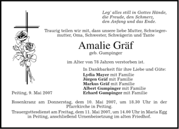 Todesanzeige von Amalie Gräf von MERKUR & TZ