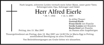 Todesanzeige von Alfred Eierle von MERKUR & TZ