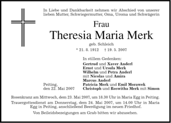 Todesanzeige von Theresia Maria Merk von MERKUR & TZ