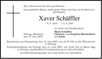 Todesanzeige von Xaver Schäffler von MERKUR & TZ