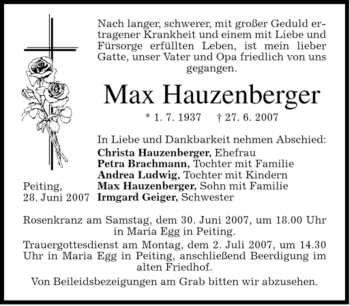 Todesanzeige von Max Hauzenberger von MERKUR & TZ