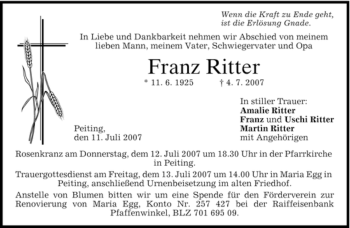 Todesanzeige von Franz Ritter von MERKUR & TZ