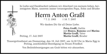 Todesanzeige von Anton Graßl von MERKUR & TZ