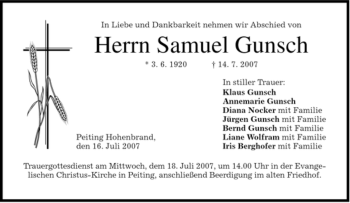 Todesanzeige von Samuel Gunsch von MERKUR & TZ