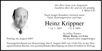 Todesanzeige von Heinz Krippner von MERKUR & TZ