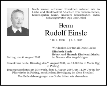 Todesanzeige von Rudolf Einsle von MERKUR & TZ