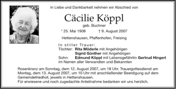 Todesanzeige von Cäcilie Köppl von MERKUR & TZ
