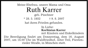 Todesanzeige von Ruth Karrer von DORFENER NACHRICHTEN