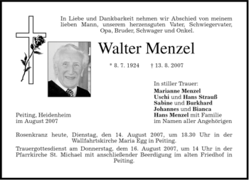 Todesanzeige von Walter Menzel von MERKUR & TZ