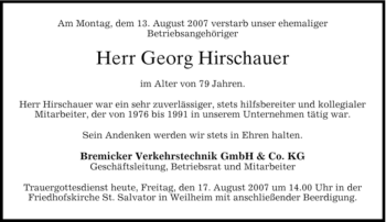 Todesanzeige von Georg Hirschauer von MERKUR & TZ