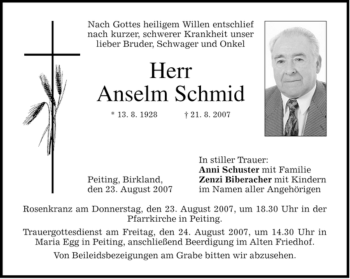 Todesanzeige von Anselm Schmid von MERKUR & TZ