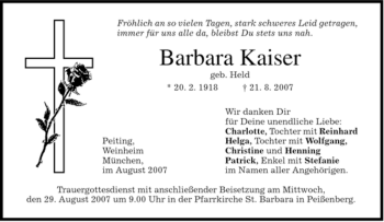 Todesanzeige von Barbara Kaiser von MERKUR & TZ