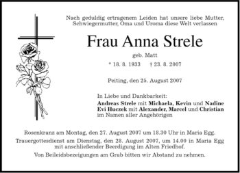 Todesanzeige von Anna Strele von MERKUR & TZ