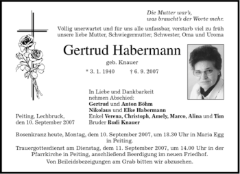 Todesanzeige von Gertrud Habermann von MERKUR & TZ