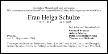 Todesanzeige von Helga Schulze von MERKUR & TZ