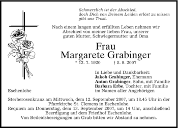 Todesanzeige von Margarete Grabinger von MERKUR & TZ