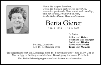 Todesanzeige von Berta Gierer von MERKUR & TZ