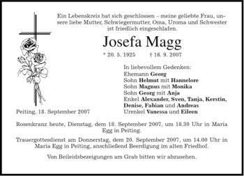 Todesanzeige von Josefa Magg von MERKUR & TZ