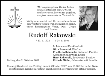 Todesanzeige von Rudolf Rakowski von MERKUR & TZ