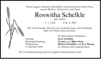 Todesanzeige von Roswitha Schelkle von MERKUR & TZ