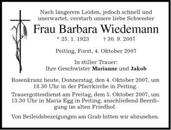 Todesanzeige von Barbara Wiedemann von MERKUR & TZ