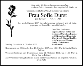 Todesanzeige von Sofie Durst von MERKUR & TZ