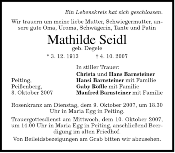 Todesanzeige von Mathilde Seidl von MERKUR & TZ