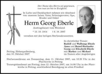 Todesanzeige von Georg Eberle von MERKUR & TZ