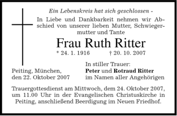 Todesanzeige von Ruth Ritter von MERKUR & TZ