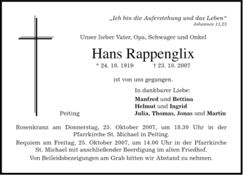 Todesanzeige von Hans Rappenglix von MERKUR & TZ