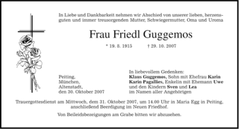 Todesanzeige von Friedl Guggemos von MERKUR & TZ