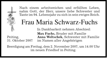 Todesanzeige von Maria Schwarz-Fuchs von MERKUR & TZ