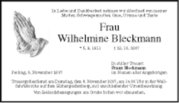 Todesanzeige von Wilhelmine Bleckmann von MERKUR & TZ