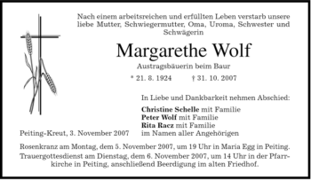 Todesanzeige von Margarethe Wolf von MERKUR & TZ