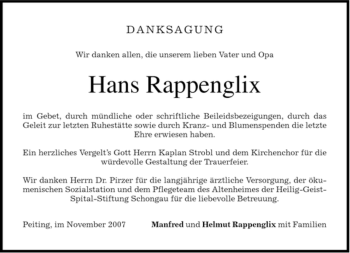 Todesanzeige von Hans Rappenglix von MERKUR & TZ