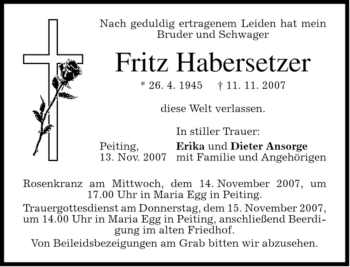 Todesanzeige von Fritz Habersetzer von MERKUR & TZ