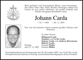 Todesanzeige von Johann Carda von MERKUR & TZ