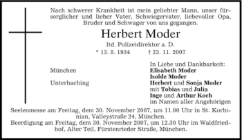 Todesanzeige von Herbert Moder von DORFENER NACHRICHTEN