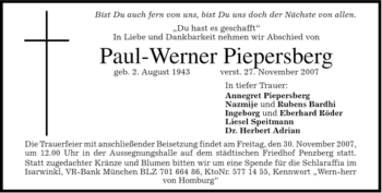 Todesanzeige von Paul-Werner Piepersberg von MERKUR & TZ