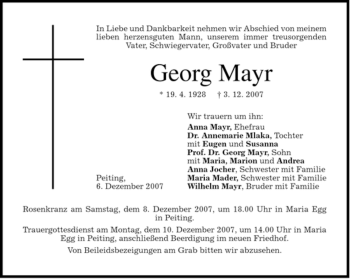 Todesanzeige von Georg Mayr von MERKUR & TZ