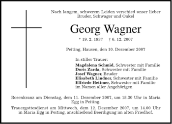 Todesanzeige von Georg Wagner von MERKUR & TZ