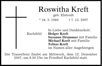 Todesanzeige von Roswitha Kreft von HOLZKIRCHENER MERKUR