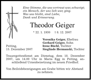 Todesanzeige von Theodor Geiger von MERKUR & TZ