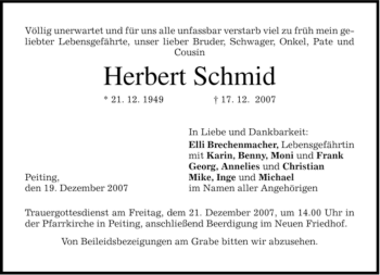 Todesanzeige von Herbert Schmid von MERKUR & TZ