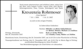 Todesanzeige von Kreszenzia Rohrmoser von MERKUR & TZ