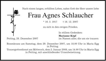 Todesanzeige von Agnes Schlaucher von MERKUR & TZ