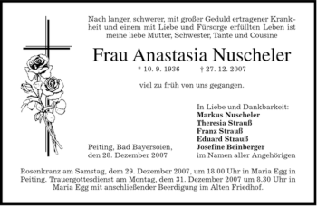 Todesanzeige von Anastasia Nuscheler von MERKUR & TZ